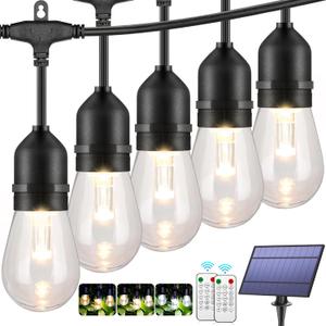 Mlambert 3-Color in 1 Solar String Lights Outdoor Waterproof Dimmable, 48ft Remote LED Patio Lights,15 Hanging Sockets Shatterproof Light for Backyard (Black)