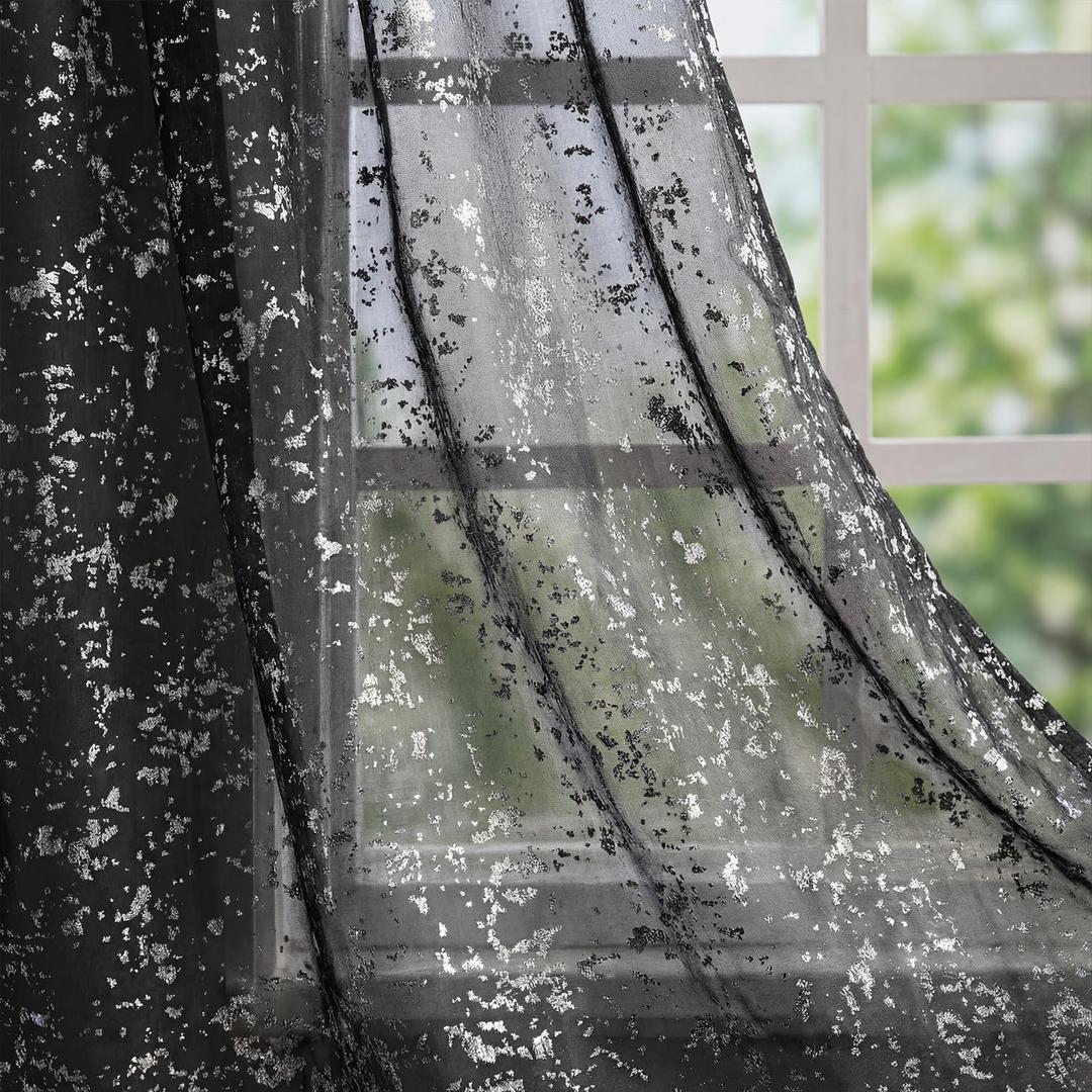 Horaldaily Black Sheer Curtains for Living Room and Bedroom, Sliver Sequin Glitter Metallic Foil, Scenery Light Filtering Window Curtains, 52" W x 63" L, Set of 2 Curtain Panels