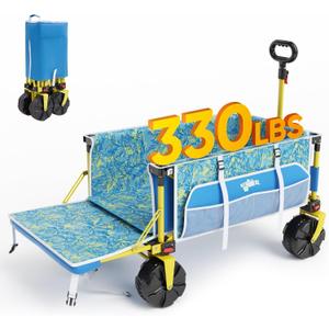 Beach Wagon with Big Wheels for Sand, 330 LBS Heavy Duty Collapsible Beach Cart with Tailgate, Foldable Utility Wagon with Cup Holders & Side Storage for Camping, Shopping, Garden, Blue