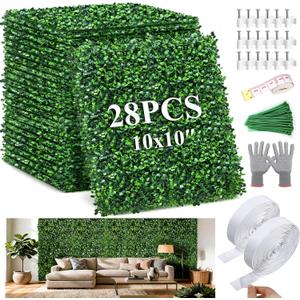 28Pcs Artificial Grass Wall Panels 10" x 10" Faux Boxwood Green Wall UV Resistant Privacy Screen 19.44 Sq Ft with Full Installation Kit for Indoor Outdoor Garden Fence Party Decor