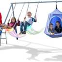 Sportspower Shooting Star Metal Swing Set w/ 2 LED Swings, Padded Saucer Swing with LED Light up Tent and 5' Double Wall Blow Molded Slide