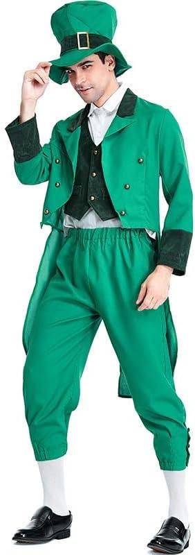 Men St Patricks Day Costume 6PCS Leprechaun Costume Men Green Irish Outfit with Hat Necklace, Glasses, Socks, M