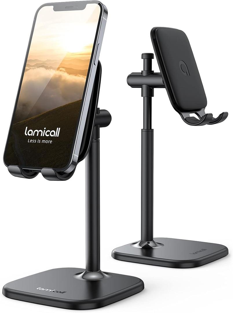 Lamicall Cell Phone Stand, Phone Holder - [Height Angle] Adjustable Mobile Phone Stand for Desk, Office, Compatible with iPhone 14 Plus, 13, Pro, Pro Max, Mini 12 11 X Xr XS, 4-10" Cellphone & Tablet (Black)