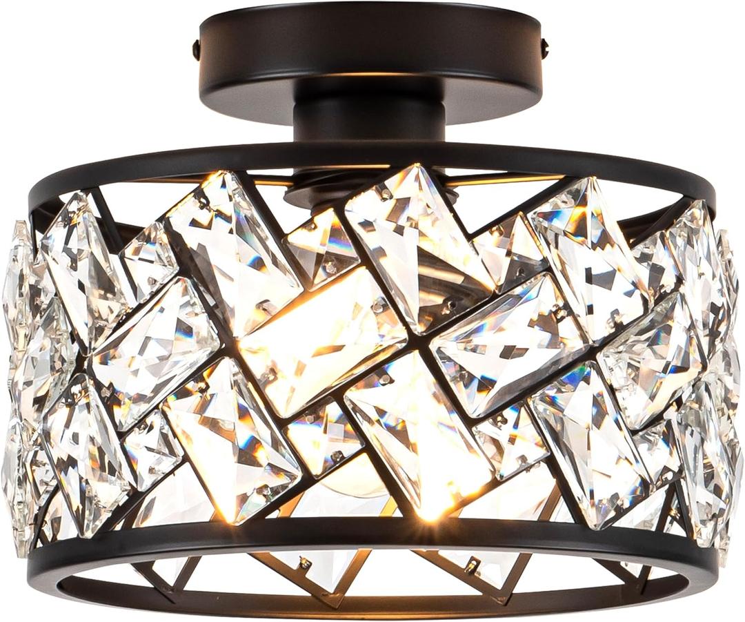 Crystal Ceiling Light Fixture, Modern Semi Flush Mount Ceiling Light,Crystal Chandelier for Kitchen Bedroom Bathroom Entryway, Black Finish