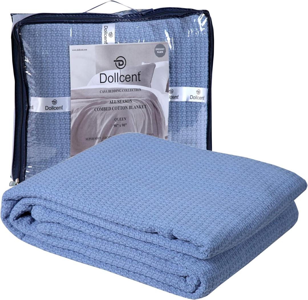 DOLLCENT 100% Cotton Twin Size Blanket for Bed, Premium Soft Combed Lightweight Blankets, Washed Breathable Cozy Bed Throw Blanket, Blue Twin Cotton Blankets for All Season: Blue (66"x90")