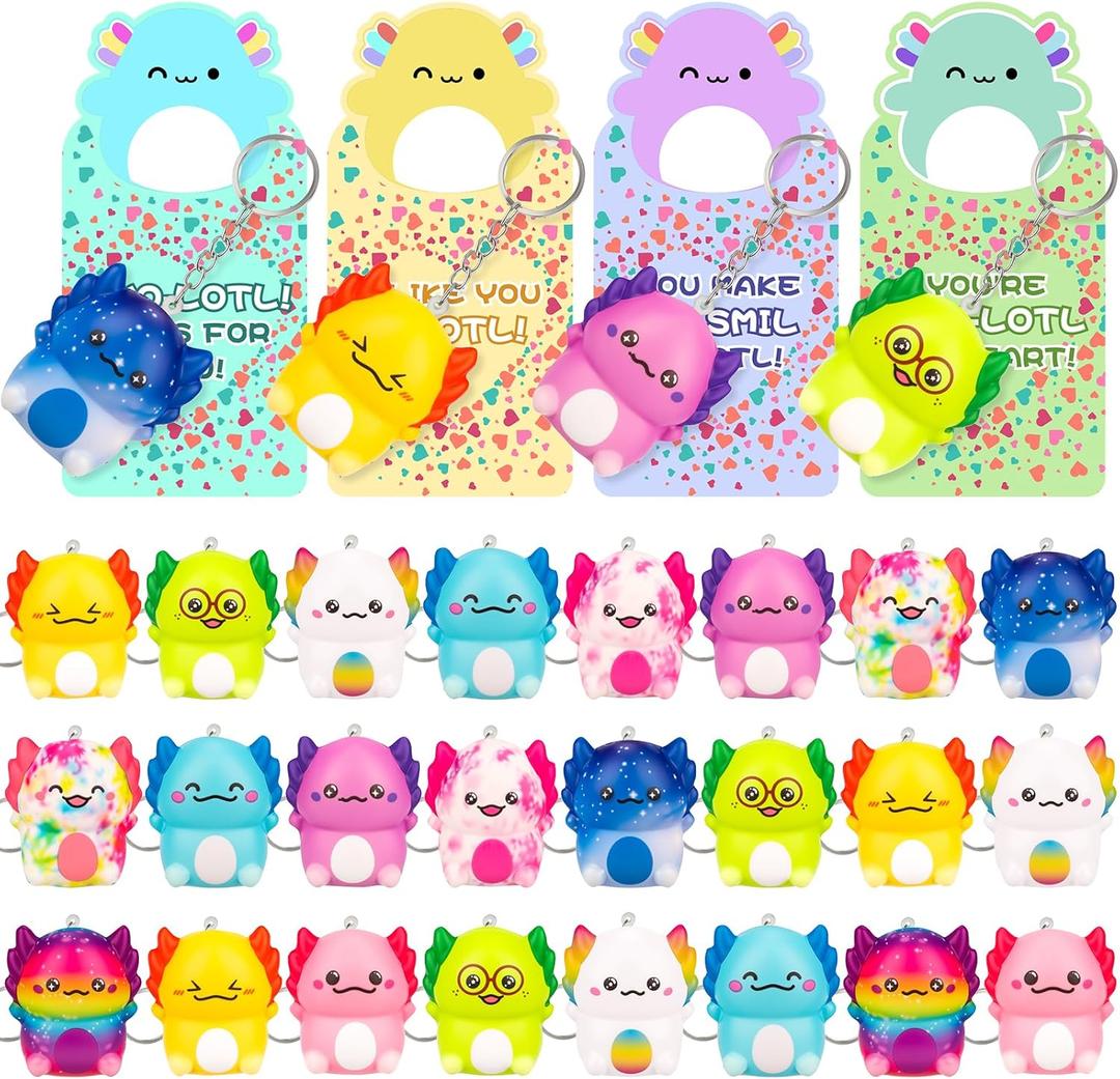 Gralima Valentines Gifts for Kids, 24PCS Valentine's Day Cards for Kids Classroom with Axolotl Squishy Toys, Valentine Stress Relief Toys for Kids School Classroom Exchange Gift Party Prize