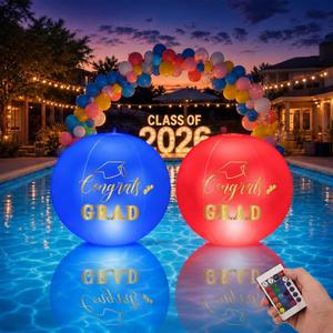 2 Pack Graduation Pool Party Decorations 14" Solar Pool Floating Lights Solar Powered 16 Color Changing Congrats Grad PVC Waterproof Inflatable Ball for Class of 2026 Swimming Prom Grad Party(Blue)