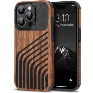 TENDLIN Compatible with iPhone 15 Pro Case Wood Grain with Carbon Fiber Texture Design Leather Hybrid Slim Case (Hairline)