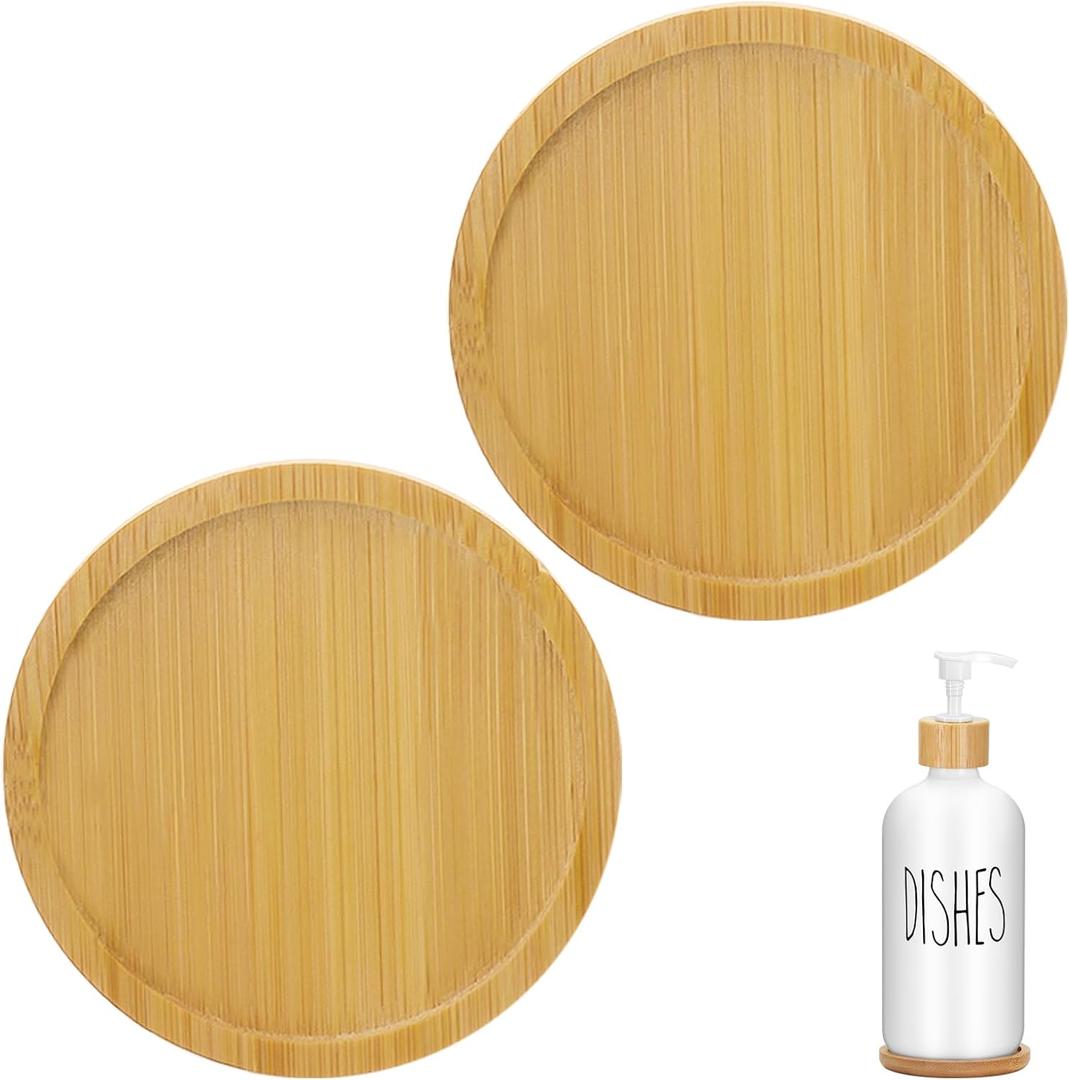 2Pcs Round Bamboo soap Dispenser Tray, Bathroom Countertop Tray Bamboo Coasters Trays Dresser Jewelry Ring Dish Comestic Holder Bathtub Organizer, Ideal for Jewelry, Cosmetics and Small Items (2)