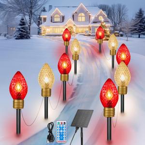 Brightown Solar Strawberry Jumbo Christmas Lights Outdoor - 18FT 10 LED Jumbo C9 Christmas Pathway Lights with Timer,8 Modes, Solar Christma Outdoor Decorations for Lawn Outside,Red & Warm White