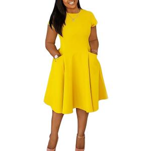 Womens Elegant Casual Short Sleeve Midi Dress Plus Size A Line Work Party Fit and Flare Dress with Pockets (02yellow, Large)