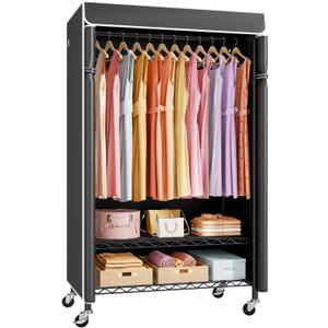 ULIFHOME P6C Rolling Clothes Rack with Cover, Covered Clothing Racks Heavy Duty, Portable Closet for Hanging Clothes, Garment Racks on Wheels, Black Closet Rack with Black Cover, Max Load 365LBS