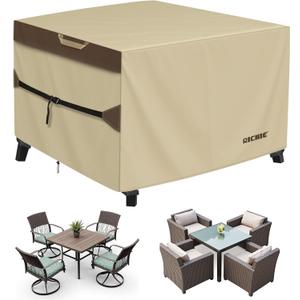 Outdoor Patio Furniture Cover - Heavy Duty Waterproof 600D Tough Canvas Protector for Square Table Cover, All-Season Dining Table and Chair Cover (54L x 54W x 28H Inch) (Beige & Brown)