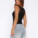 Saslax Women's Lace Bodysuit Crew Neck Short Sleeve Sheer Sexy Slim Fit Going Out Top for Concert Date Night Club (Black, M)