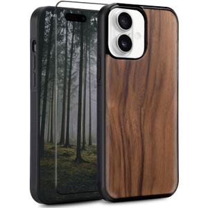 Wood case for iPhone 16 - Real Natural Wood,- Slim Shockproof Hybrid Wooden Cover (Walnut, iPhone 16)