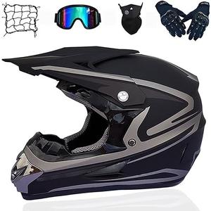 YMKJGZS Motocross Helmet Set, DOT Approved Off-Road ATV Motorcycle Helmet for Adult Youth Man Women with Goggles Gloves Mask Net Bag,Adult Dirt Bike/Rockstar Motorbike Crash Helmet (C,S)