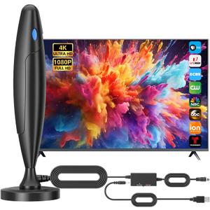 TV Antenna for Smart TV Indoor, Digital Antenna for Local Channels, Support 4k 1080p with Strong Magnetic Base, Long Range Reception with Amplifier Signal Booster for Old/HD TVs (Black)