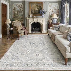 8x10 Blue Neutral Vintage Distressed Machine Washable Soft Low Pile Non Slip Area Rug Carpet for Living Room Bedroom Dining Room Office Playroom