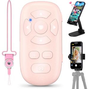 Wireless Camera Remote Control for iPhone & Android, TikTok Scrolling Remote with Phone Holder and Tripod Mount Adapter, Bluetooth Photo and Video Clicker with Front/Rear Camera Switch Neck Strap (Pink)