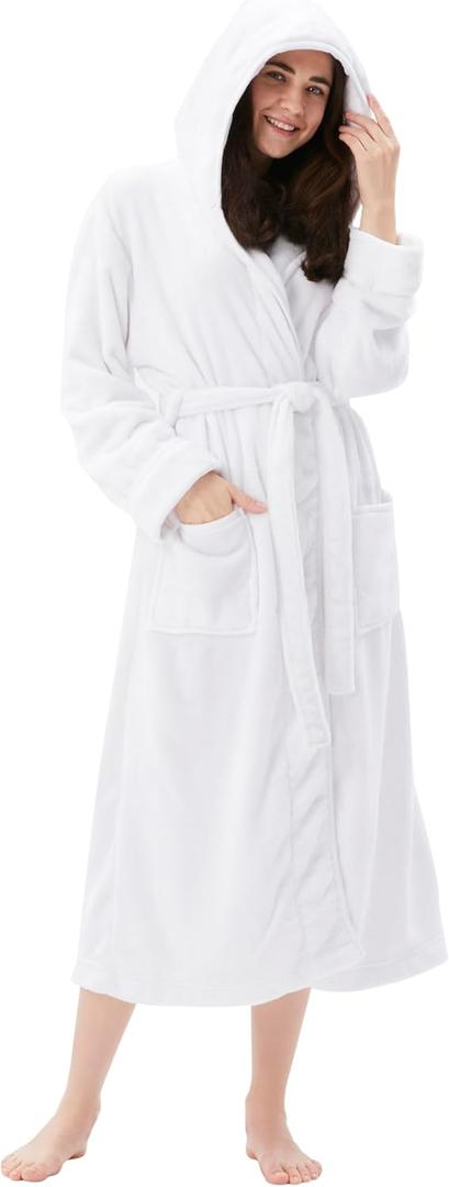 COOVA Premium Robe for Women  Plush Soft Robe, Fluffy, Warm, Long Fleece Bathrobe (Large, Hooded White)