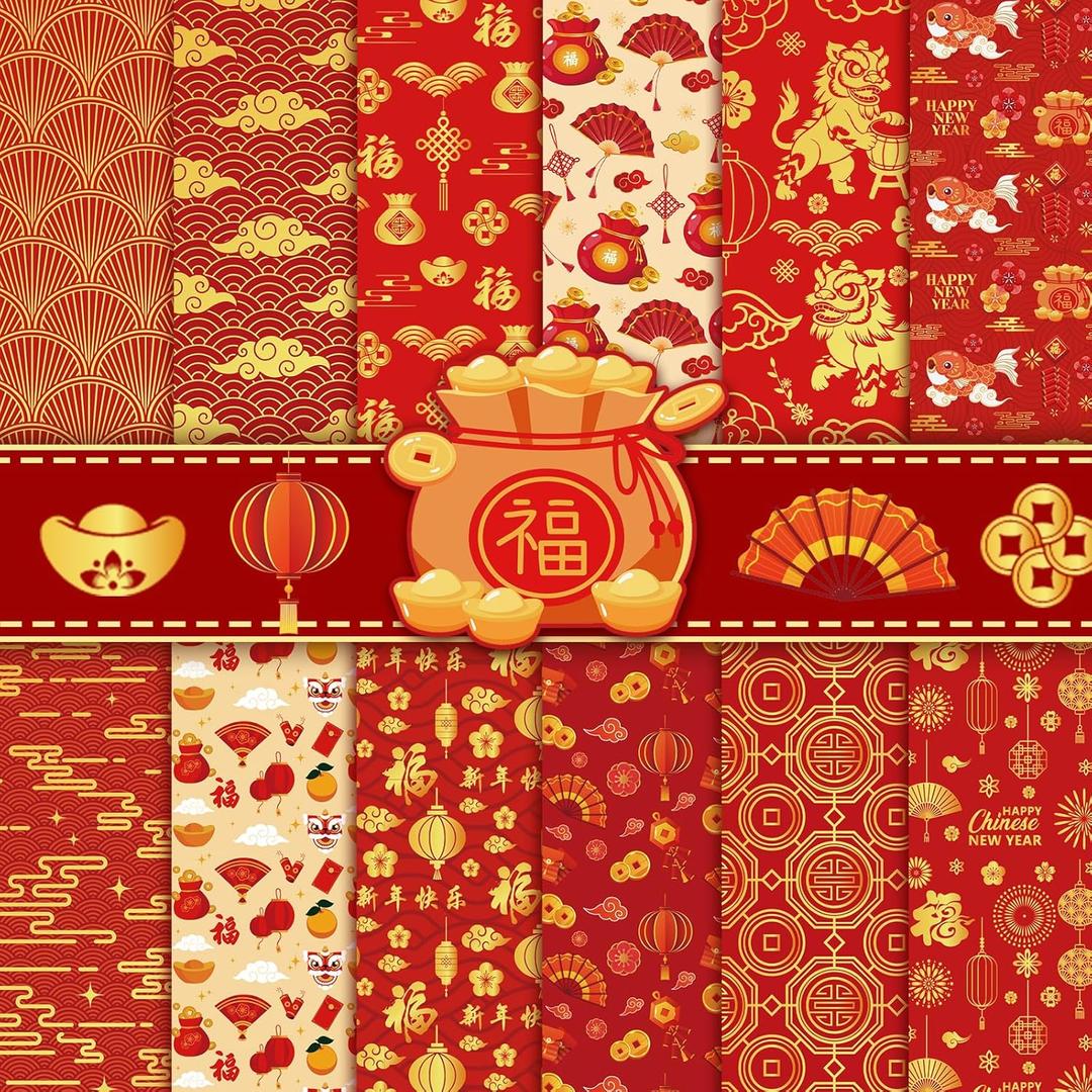 Konsait 24 Sheets Chinese New Year Scrapbook Paper 12x12, Double Sided Spring Festival Decorative Paper Pattern Papers Lunar New Year Cardstock Pad Origami Papers for Card Making Scrapbook Supplies