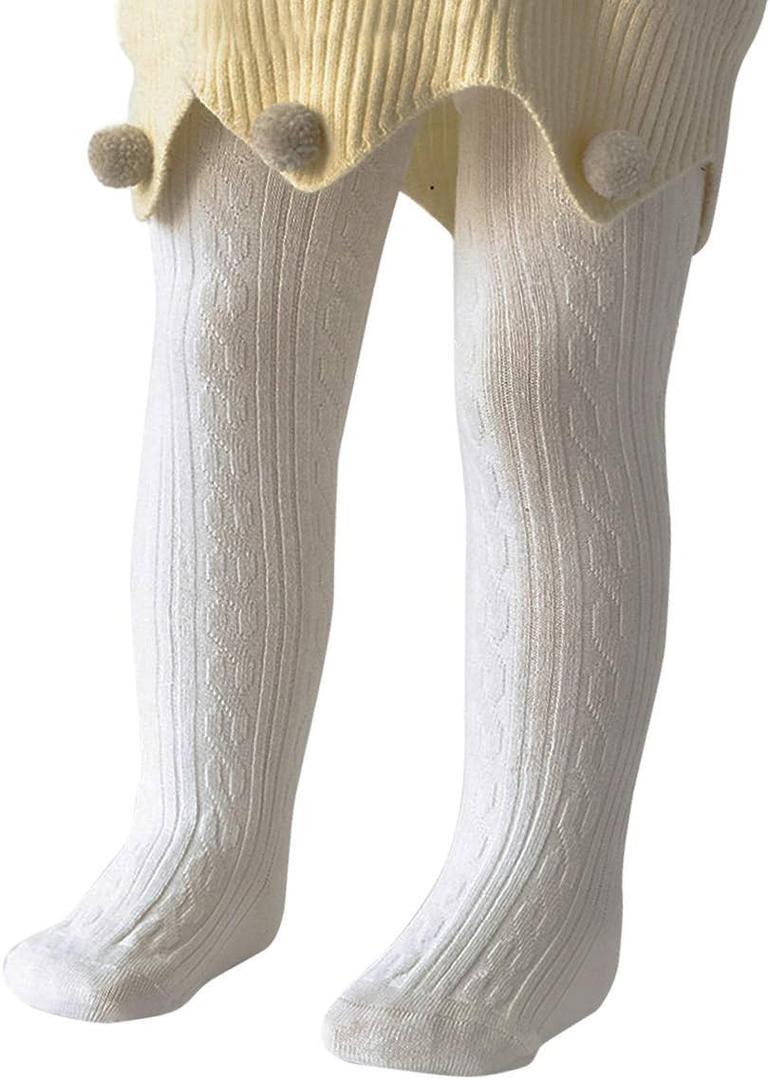 Zando Soft Cable Knit Toddler Tights - Seamless Cotton Leggings for Newborn Infant Baby Girl Stockings for Under Dress (White, S)