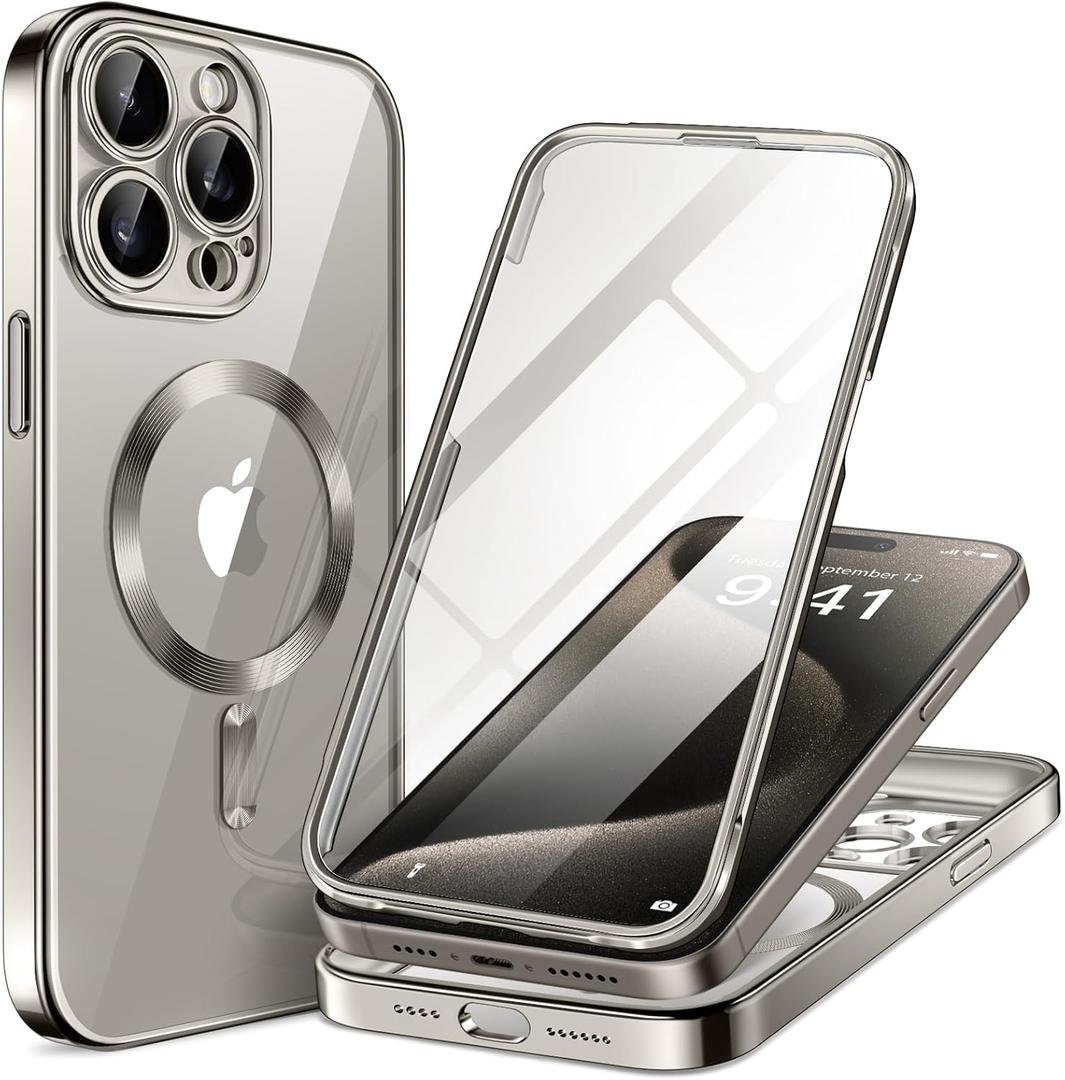 BERFY Magnetic for iPhone 15 Pro Max Case, Compatible with Magsafe, Built-in 9H Tempered Glass Screen Protector & Full Camera Protection, Full Body Plating Shockproof Phone Case for 15 Pro Max, Gray (Clear Nature Titanium)