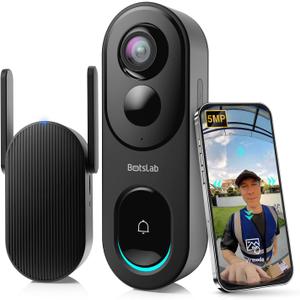 BOTSLAB Doorbell Camera Wireless, 5MP Video Doorbell, 180Panoramic View, No Monthly Fee, 2.4 GHz WiFi, AI Motion Detection, VR Mode (Black Grey)