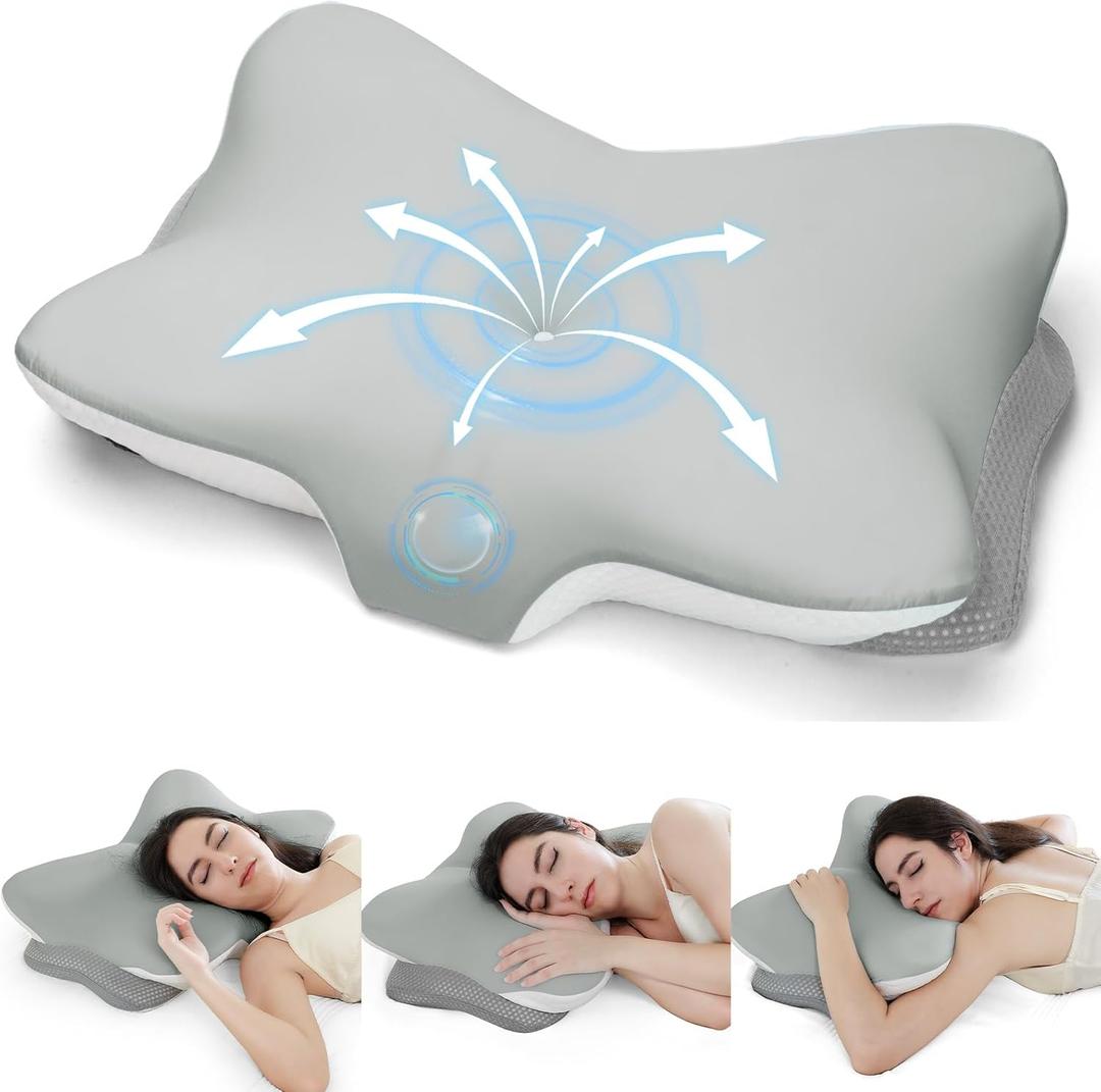 Cervical Neck Pillow for Pain Relief- Memory Foam Orthopedic Pillow, Ergonomic Contour Pillows for Side/Back/Stomach Sleepers, Adjustable Height with Breathable Pillowcase(Grey) (Butterfly)