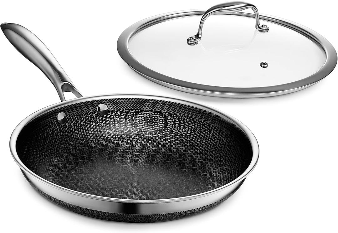 HexClad Hybrid Nonstick 10-Inch Frying Pan with Tempered Glass Lid, Stay-Cool Handle, Dishwasher-Friendly, Oven-Safe Up to 900F, Induction Ready, Compatible with All Cooktops