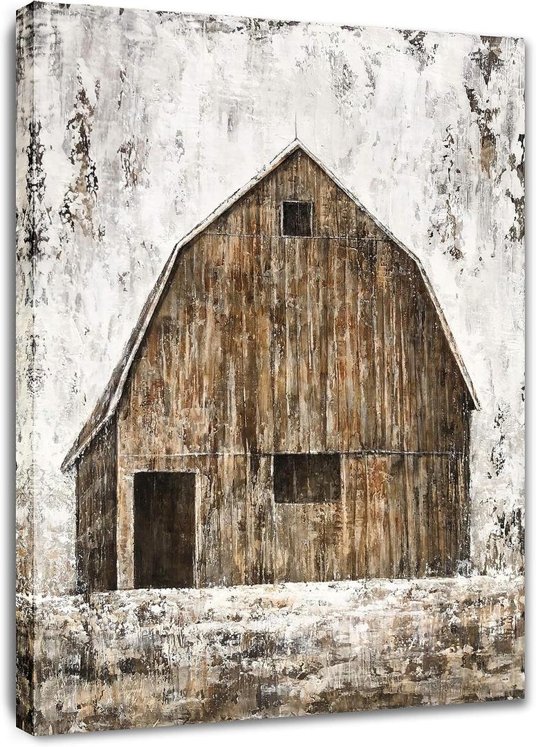 Yihui Arts Old Barn Canvas Wall Art with Textured Rustic Painting Vertical Pictures for Living Room Bedroom Bathroom Decor, 48"L x 36"W