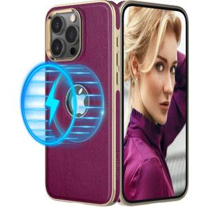 LOHASIC for iPhone 15 Pro Max Leather Case – Luxury Soft Elegant Aesthetic Magnetic Designer Phone Cover with Logo Cutout, Compatible with MagSafe Case for Women, Gold + Fuchsia/Purple