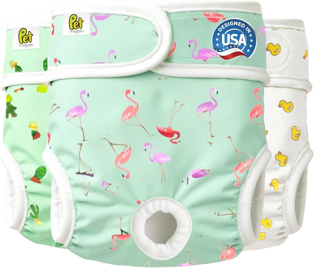 Pet Magasin Super Absorbent Reusable Dog Diapers for Females (3-Pack) - Ideal Heat Solution, Washable Doggie Diapers for Female Dog - Perfect Doggie in Heat & Period (Trending, XS (10-12 Waist))