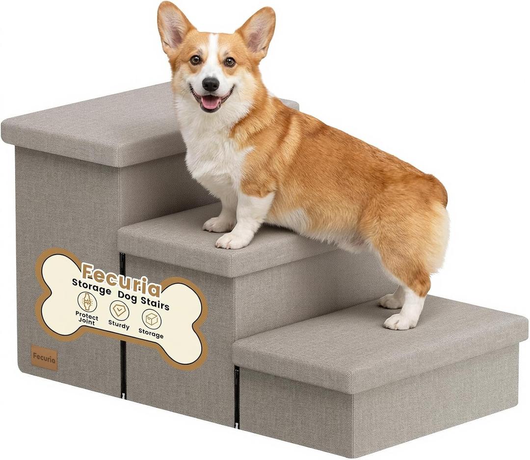 3-Step Wide Dog Stairs with Hidden Storage 18" H, Non-Slip Dog Steps for High Bed Couch Window Car, Jiont-Friendly Pet Stairs Ramp for Small/Medium/Large Old Dogs Cats Up to 200lbs, Grey