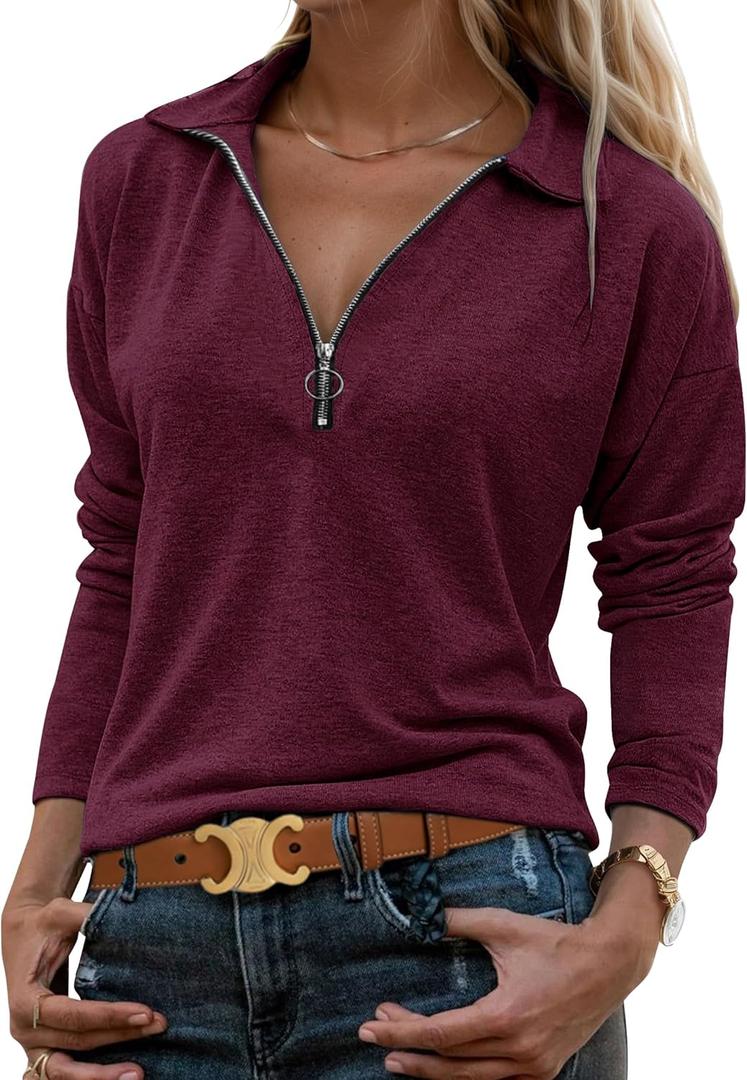 Halife Women's Collared Long Sleeve Shirts Business Casual Dressy Blouse Shirt Tunic Half Zip V Neck Work Tops Blouses, L