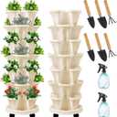 Umigy 2 Set of 7 Tier Vertical Planter Stackable Tower Planters Strawberry Herb Flower and Vegetable Pots Indoor Outdoor Gardening Pots with Removable Wheels and Tools(Beige)