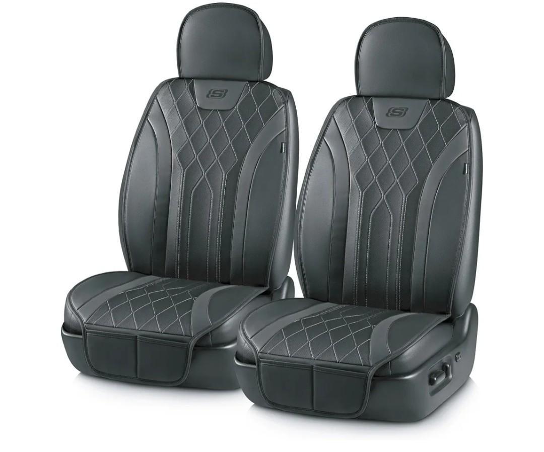 Skechers MAX Cushioning Car Seat Covers,Memory Foam Leather Car Seat Protectors, Airbag Safe Waterproof Sideless Front Seat Covers with Storage Pocket,Universal Fit for Cars Trucks SUV, Black 2PCS