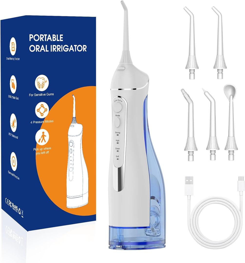 Portable IPX7 Rechargeable Water Flosser for Teeth Pick, 4 Modes 5 Jet Tips Oral Irrigator, 300ml Tank - for Braces, Sensitive Gums, Home & Travel