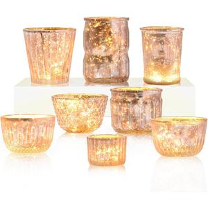 DN DECONATION 8PCS Gold Mercury Glass Candle Holder, Assorted Mercury Glass Votive Candle Holders, Vintage Tea Light Candle Holder for Wedding, Parties, Centerpieces, Decorations (Set of 8)