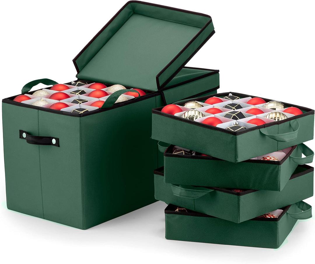 ZOBER Christmas Ornament Storage Box - Stores 128 3" Ornaments with Individual Trays - Tear Proof 600D Oxford Fabric - ornament organizer storage box, Durable Christmas Containers Holder - Green