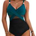 Blooming Jelly Womens One Piece Swimsuit Metal Modest Tummy Control Bathing Suit Slimming Full Coverage Mesh Swim Suits (Large, Black Peacock Green)