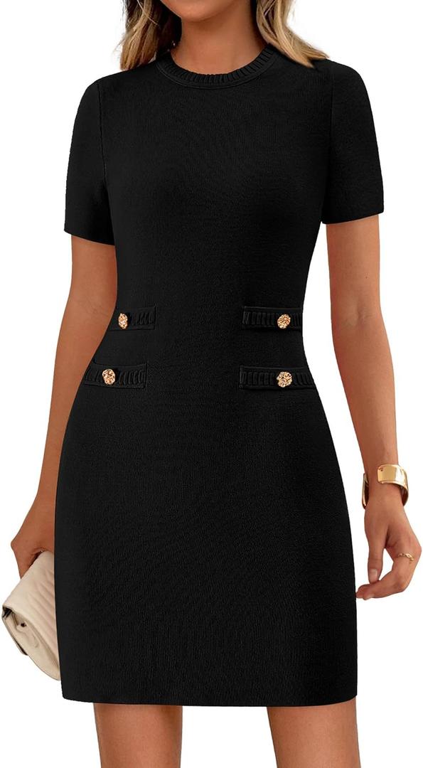 PRETTYGARDEN Work Dresses for Women 2025 Summer Business Casual Short Sleeve Formal Sweater Sheath Dress (Black, S)