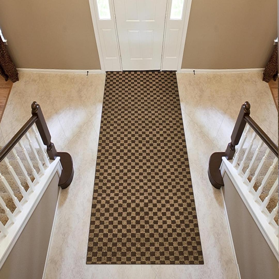 BESTVUE 2' x 6' Runner Rugs with Rubber Backing, Outdoor Indoor Utility Non Slip Carpet Rug Runner for Hallway, Custom Size Area Rugs Mat for Entryway Balcony Patio Kitchen Garage Stair Laundry, Checkered Brown