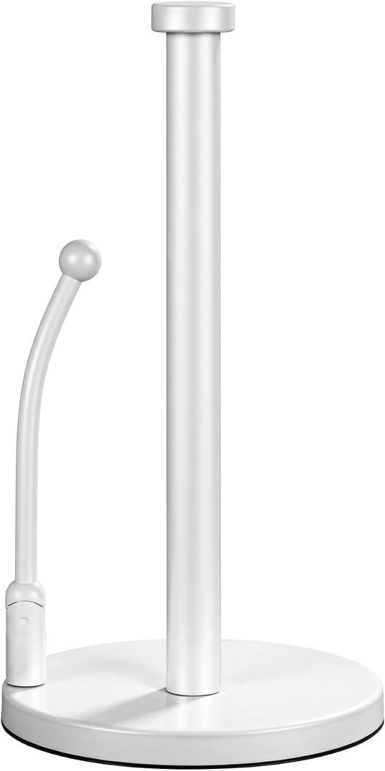 SMARTAKE Paper Towel Holder, Paper Towel Dispenser Standing Weighted Base Non Slip, Spring Arm for Easy Tear, Stainless Steel Paper Towel Holder for Home Kitchen Countertop Tabletop, White