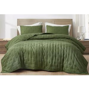 Chezmoi Collection Glen 2 Piece Crescent Stitched Quilt Set, 1 pillow Queen Size, Olive Green - Rayon Derived from Bamboo & Polyester Blended, Soft Breathable Cooling Bedspread for Hot Sleepers