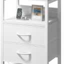 Lazzanto NightStand Bedside Charging Table Bedroom - Night Stand with Charger Station, White Modern Bed Side End Table with Open Shelf & 2 Fabric Drawers, USB-C Port & AC Outlets for Dorm, Living Room