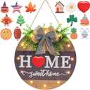 Interchangeable Welcome Sign for Front Door with 14 Changeable Icons, Farmhouse Front Porch Decor Rustic Wooden Wall Sign with 12 LED Lights, Outdoor Seasonal Welcome Home Decorations (Wood home1)