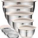Wildone Mixing Bowls with Airtight Lids Set, 5PCS Stainless Steel Khaki Nesting Bowls for Kitchen, with Grater Attachments & Non-Slip Bottoms, Size 5, 3, 2, 1.5, 0.63 QT, Great for Mixing & Serving