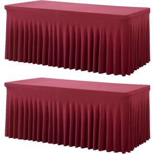 2 Pack Burgundy Spandex Table Clothes for 6 Foot Rectangle Tables, Wrinkle Free Fitted Table Cover 6ft Maroon Stretch Tablecloths with Skirt for Parties Weddings Birthday Banquet Baby Shower