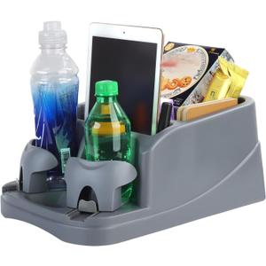 Big Plastic Console for Cars, Trucks, Minivans, SUVs with 2 Adjustable Drink Cup Holders pad Book Holder, Back Bench and Front Seat or Floor Middle Console Universal Vehicle Organizer Grey